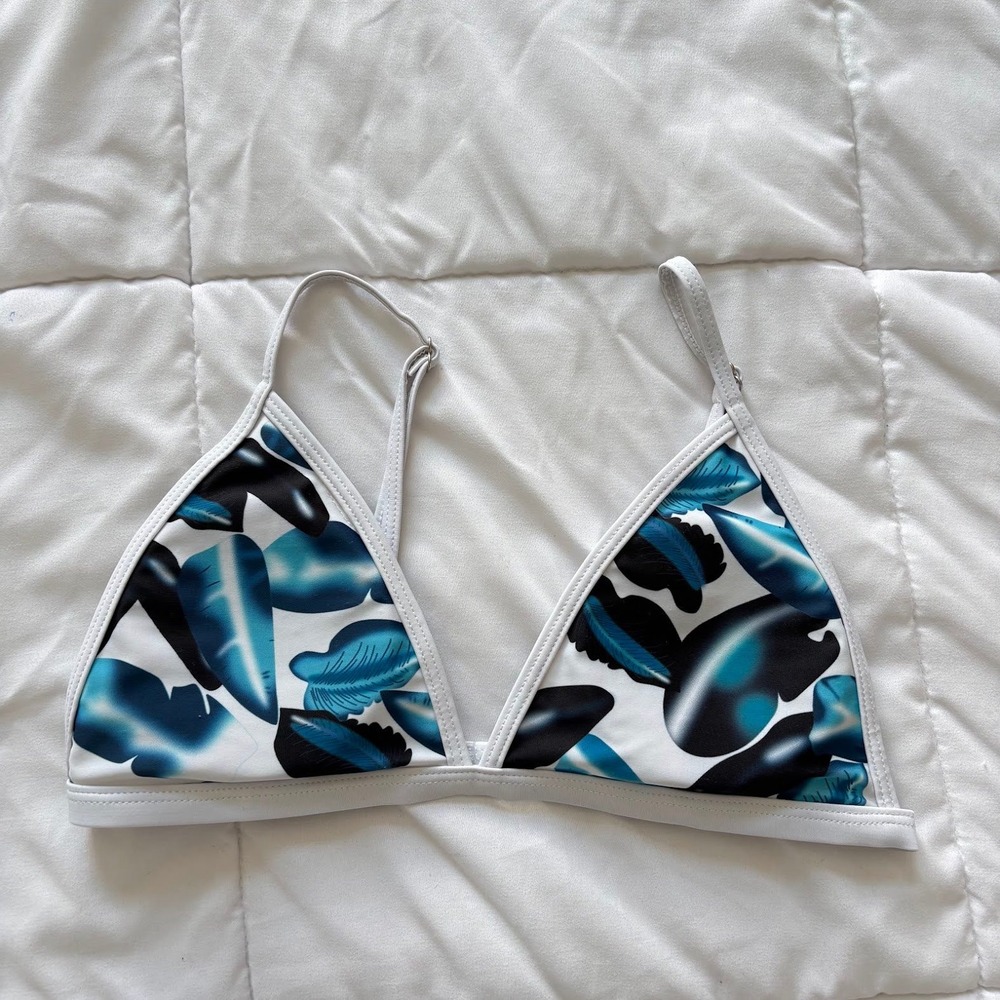Tropical Leaf Print Triangle Bikini Top Blue White Teal Small Adjustable Straps